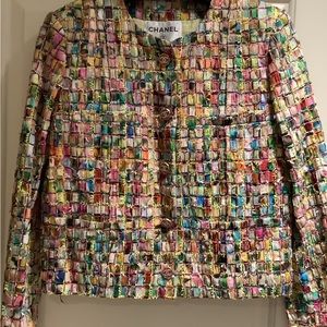 Designer jacket with hand dyed woven cotton ribbons.